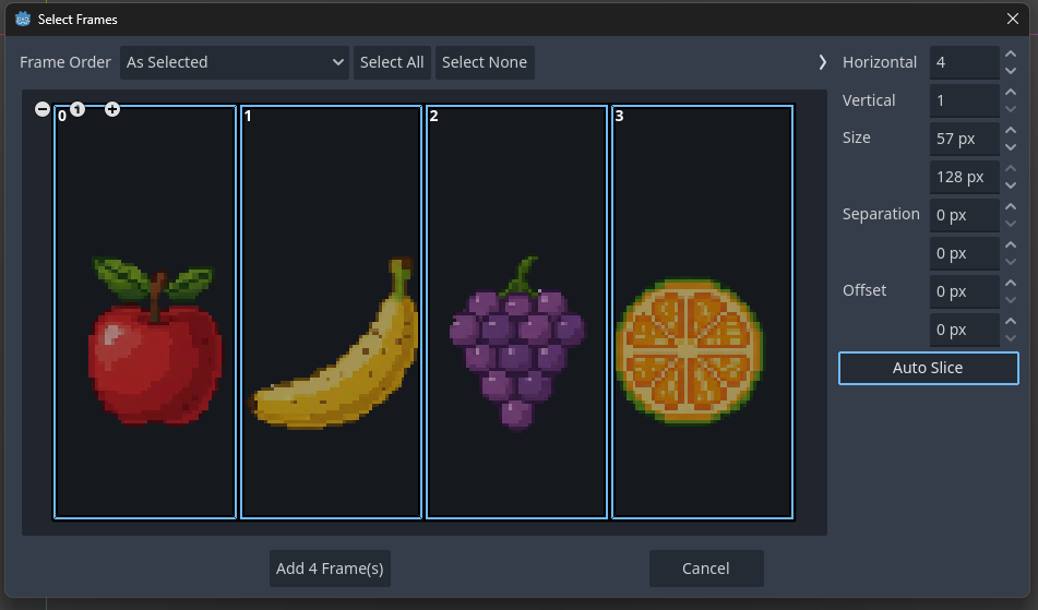 Godot Select Frames window slicing a four-frame sprite sheet