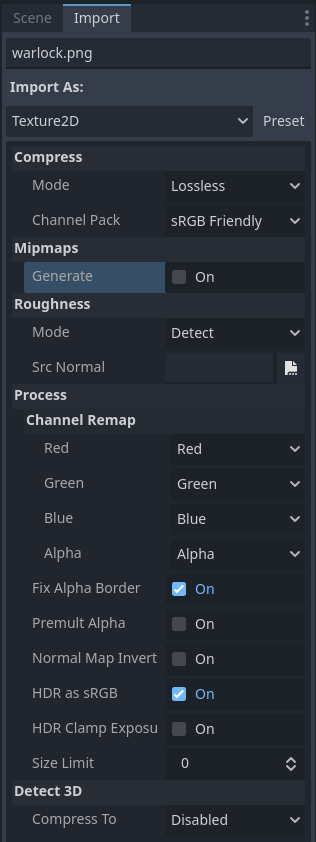 Godot Import dock with 2D preset and pixel settings