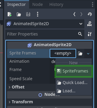 Creating a new SpriteFrames resource on an AnimatedSprite2D in the Godot Inspector