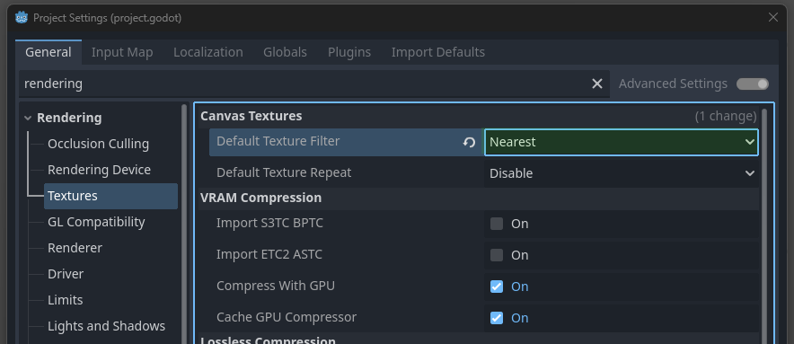 Godot 4 project settings with Default Texture Filter set to Nearest