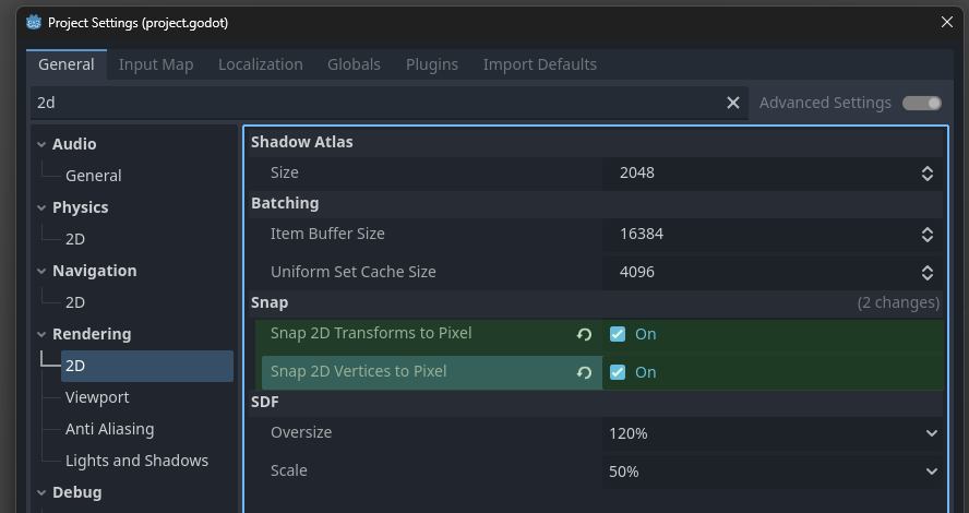 Godot 4 project settings with Snap 2D Transforms and Vertices to Pixel turned on