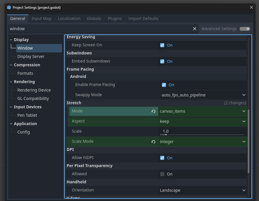 Godot 4 window stretch settings with canvas_items mode, keep aspect and integer scale