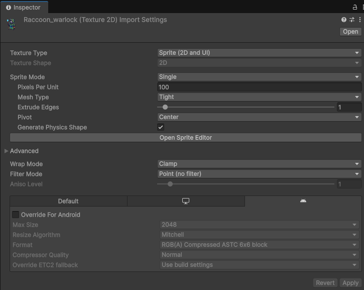 Unity Texture Importer settings for pixel art